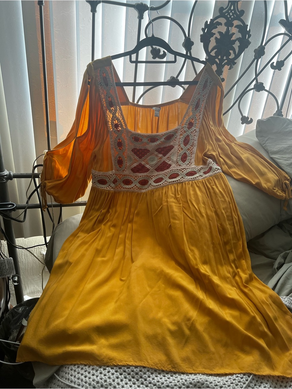 Cato Golden Boho Dress with Cream & Rust Crochet Trim